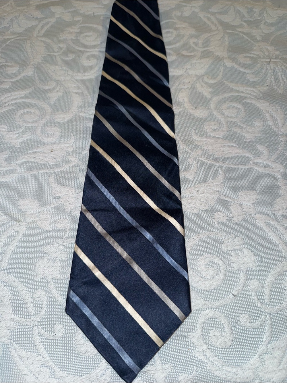 Van Heusen Navy Tie with Beige and Gray Stripes